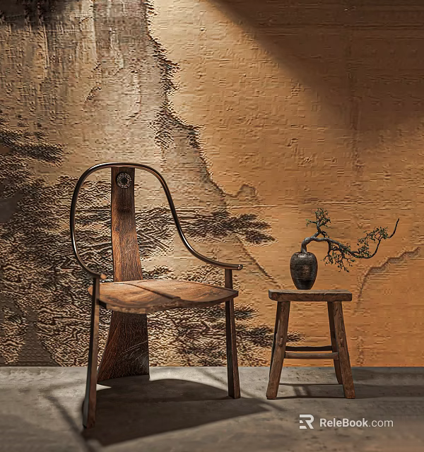 Traditional Wooden Accent Chair With Curved Back And Small Stool By Landscape Patterned Wall 3d model 