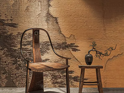 Traditional Wooden Accent Chair With Curved Back And Small Stool By Landscape Patterned Wall 3d model
