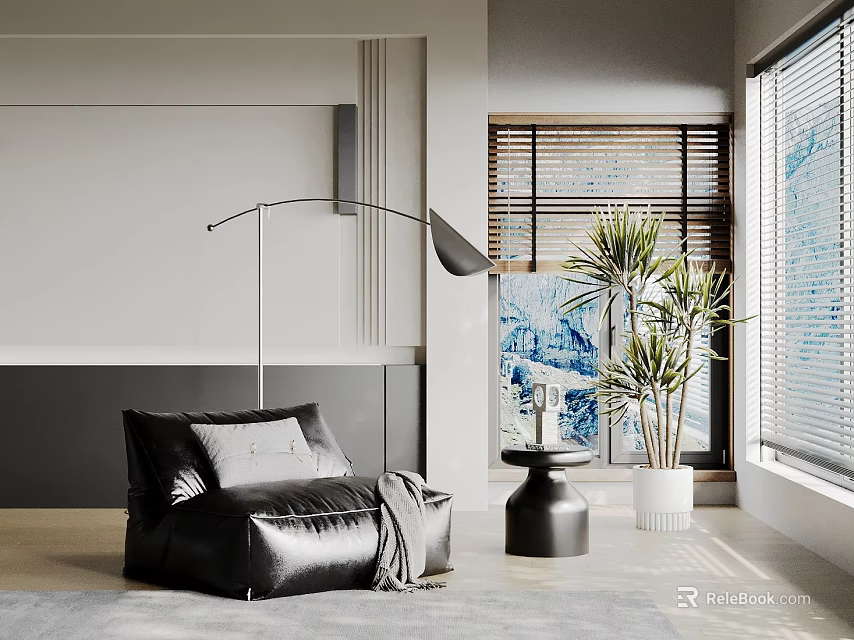 Modern Living Room Ornament Decor Combination With Black Leather Chair Side Table And Green Plants 3d model 