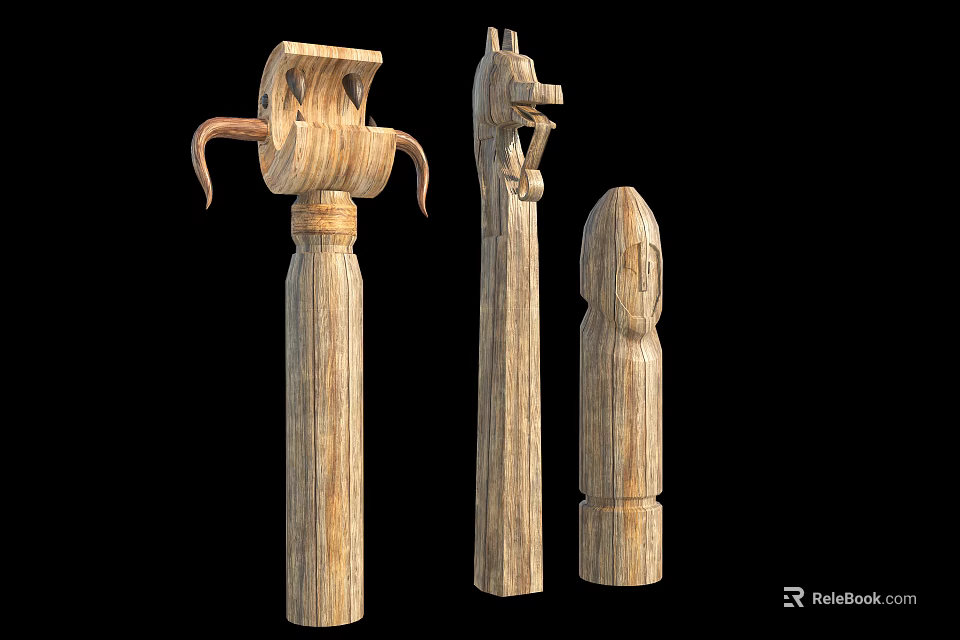 Hand Carved Wooden Pillars With Animal And Human Face Designs 3d model 