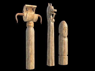 Hand Carved Wooden Pillars With Animal And Human Face Designs 3d model
