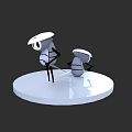 Cartoon Characters Wearing White Hats Standing On White Circular Platform Against Gray Background