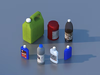 Household Cleaning Supplies With Green Handle Container Red Lid Brown Bottle And Small Bottles 3d model