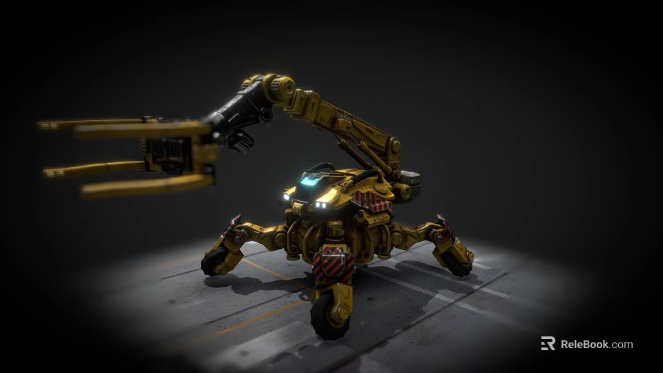 Yellow Multi Legged Robotic Machine With Mechanical Arm And Glowing Lights 3d model 