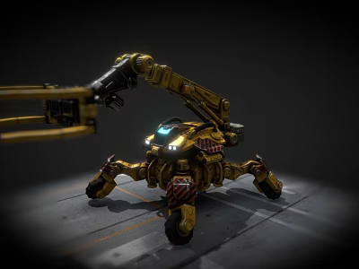 Yellow Multi Legged Robotic Machine With Mechanical Arm And Glowing Lights 3d model