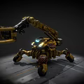 Yellow Multi Legged Robotic Machine With Mechanical Arm And Glowing Lights