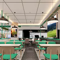 Bright Modern Restaurant Interior Featuring Glass Windows Green Railings Counter And Hanging Lights