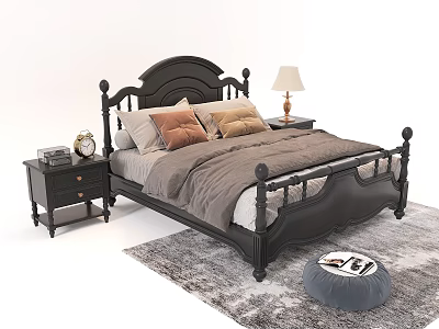 Classic Wooden Double Bed with Pillows Side Nightstands Table Lamp on Gray Rug with Pouf 3d model
