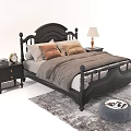 Classic Wooden Double Bed with Pillows Side Nightstands Table Lamp on Gray Rug with Pouf