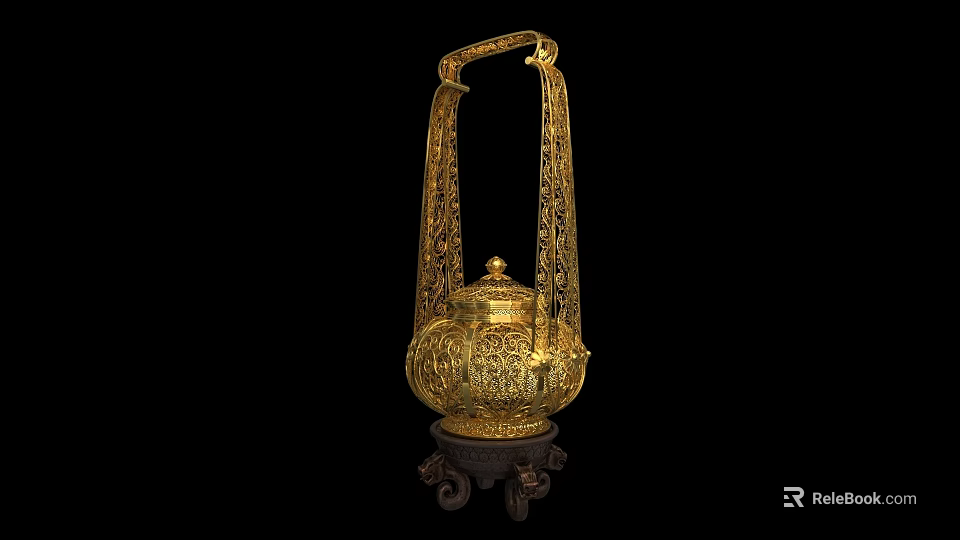 Golden Intricately Carved Decorative Ornament Set With Handle And Elegant Base 3d model 