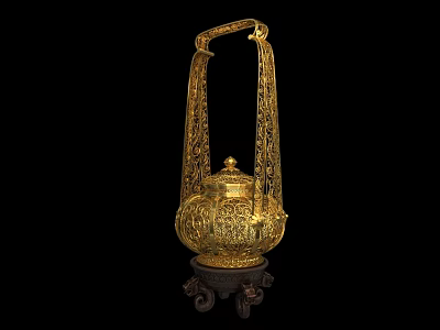 Golden Intricately Carved Decorative Ornament Set With Handle And Elegant Base 3d model