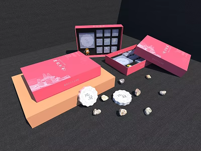 Pink Box Decorative Ornament Set With White Patterns Scattered Ornaments And Orange Base 3d model