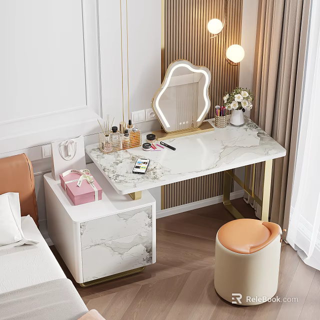 Luxury Dressing Table With Marble Countertop Golden Legs Mirror Cosmetics And Orange Stool 3d model 