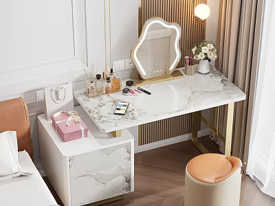 Luxury Dressing Table With Marble Countertop Golden Legs Mirror Cosmetics And Orange Stool 3d model