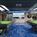 Indoor Sports Fitness Room With Blue Carpet Wooden Wall Blue Chairs And Green Billiard Table