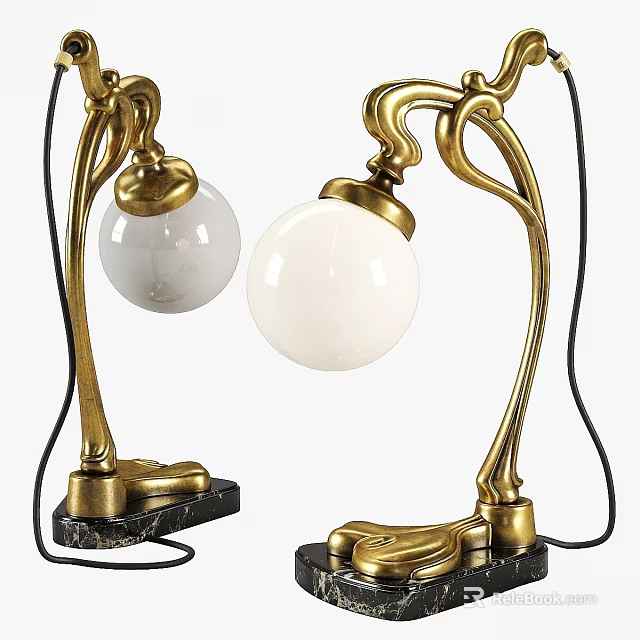 Elegant Gold Metal Table Lamp With White Globular Shade And Black Base 3d model 
