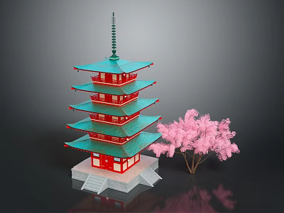 Cartoon Scene Featuring Red Multi tiered Tower With Green Roof And Pink Cherry Blossom Tree 3d model