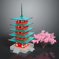 Cartoon Scene Featuring Red Multi tiered Tower With Green Roof And Pink Cherry Blossom Tree