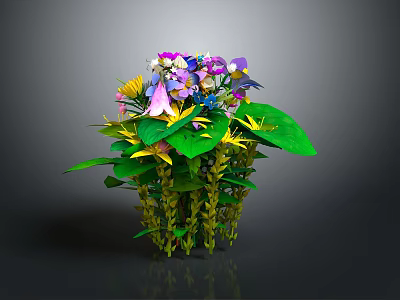 Colorful Plant Bouquet With Purple Pink Yellow Flowers And Green Leaves 3d model