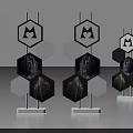 Modern Hexagonal Display Stands with M Logo Cityscape Images and Marble Bases