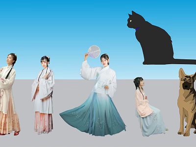 Women in Traditional Clothing with Black Cat Silhouette and German Shepherd on Blue Sky 3d model