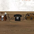 Vintage Telephones With Retro Design Wooden Base And Rotary Dials On Wooden Floor