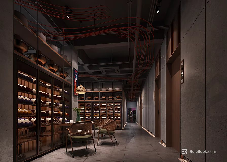 Industrial Style Restaurant Corridor With Shelves Clay Pots Chairs And Red Pipes Ceiling 3d model 