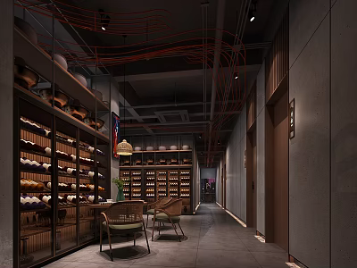 Industrial Style Restaurant Corridor With Shelves Clay Pots Chairs And Red Pipes Ceiling 3d model