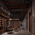 Industrial Style Restaurant Corridor With Shelves Clay Pots Chairs And Red Pipes Ceiling