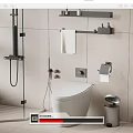 Modern White Toilet In Bathroom Interior With Glass Shower Door Towel Rack And Trash Bin