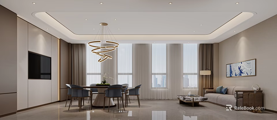 Modern Dining Box Interior Design With Circular Chandelier Large Windows And Sofa 3d model