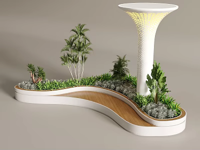 Outdoor Banquette Sofa With Wooden Path And Lush Green Plants 3d model
