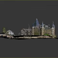 Medieval Stone Castle Architecture With Multiple Towers Spires Courtyard And Green Areas