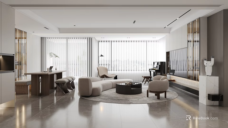 Elegant Modern Living Dining Room Interior With Sofa Round Rug And Window Blinds 3d model