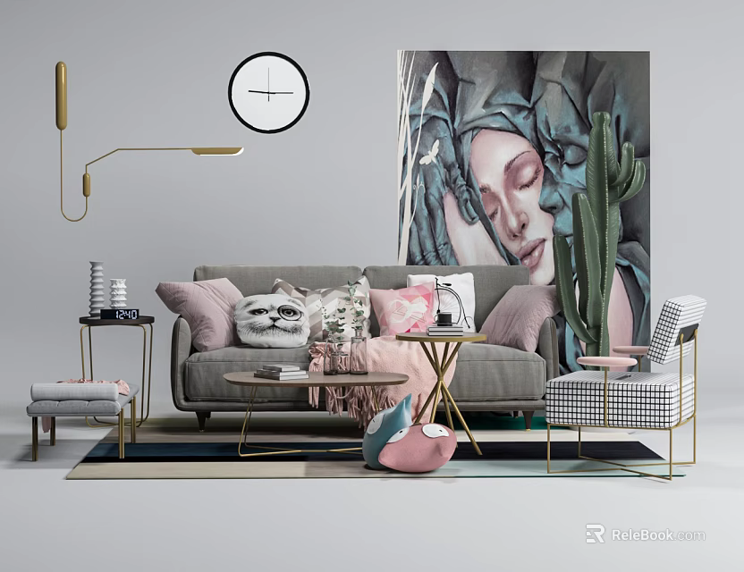 Stylish Sofa and Coffee Table Set With Decorative Pillows Cactus Painting and Area Rug 3d model 