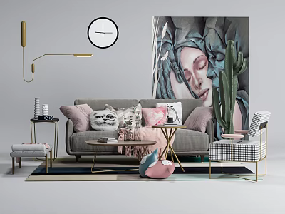 Stylish Sofa and Coffee Table Set With Decorative Pillows Cactus Painting and Area Rug 3d model