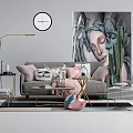 Stylish Sofa and Coffee Table Set With Decorative Pillows Cactus Painting and Area Rug