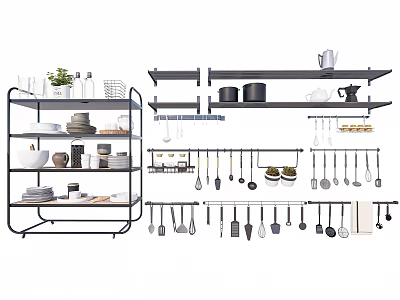 Organized Kitchen Cookware Display On Wall Shelves With Utensils Pots Dishes And Plants 3d model