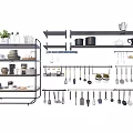 Organized Kitchen Cookware Display On Wall Shelves With Utensils Pots Dishes And Plants