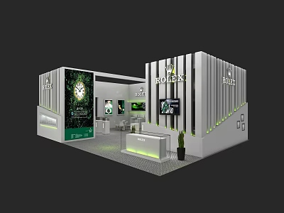 BOJAX Exhibition Booth Design With White Striped Walls Green Accents And Display Screens 3d model