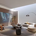Modern Home Theater Interior With Large Screen Round Sofa Armchair And Plants