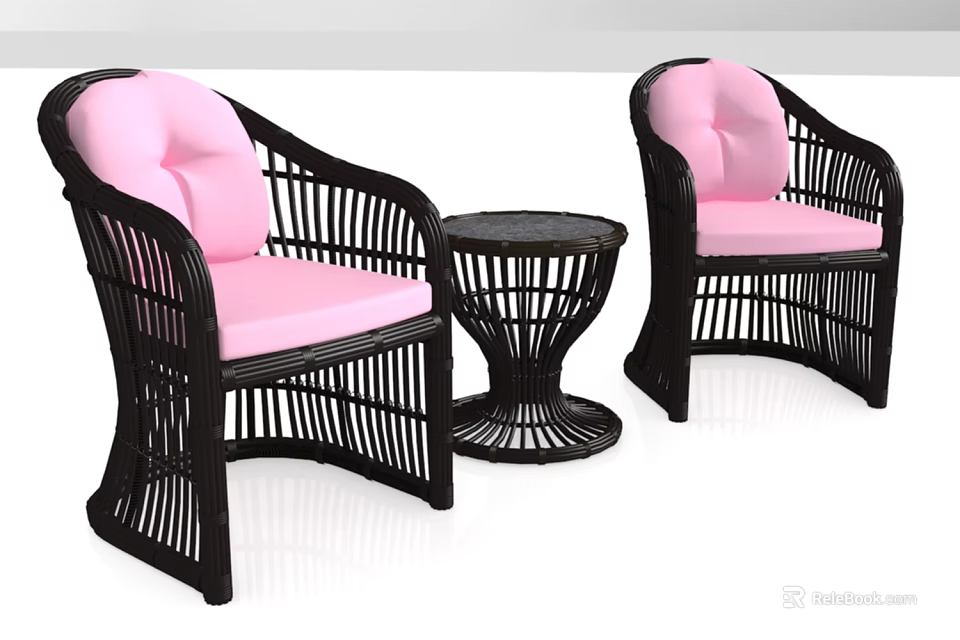 Black Rattan Single Sofa with Pink Cushions and Round Rattan Side Table 3d model 