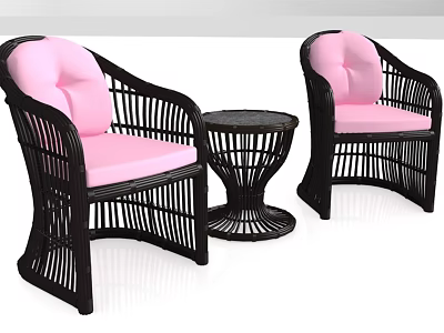 Black Rattan Single Sofa with Pink Cushions and Round Rattan Side Table 3d model