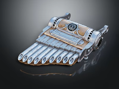 Vintage Mechanical Equipment Featuring Silver Metallic Tubes Wooden Panel And Central Circular Emblem 3d model