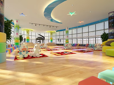 Kids Colorful Indoor Fitness Area With Carpet Toys And Wooden Floors 3d model