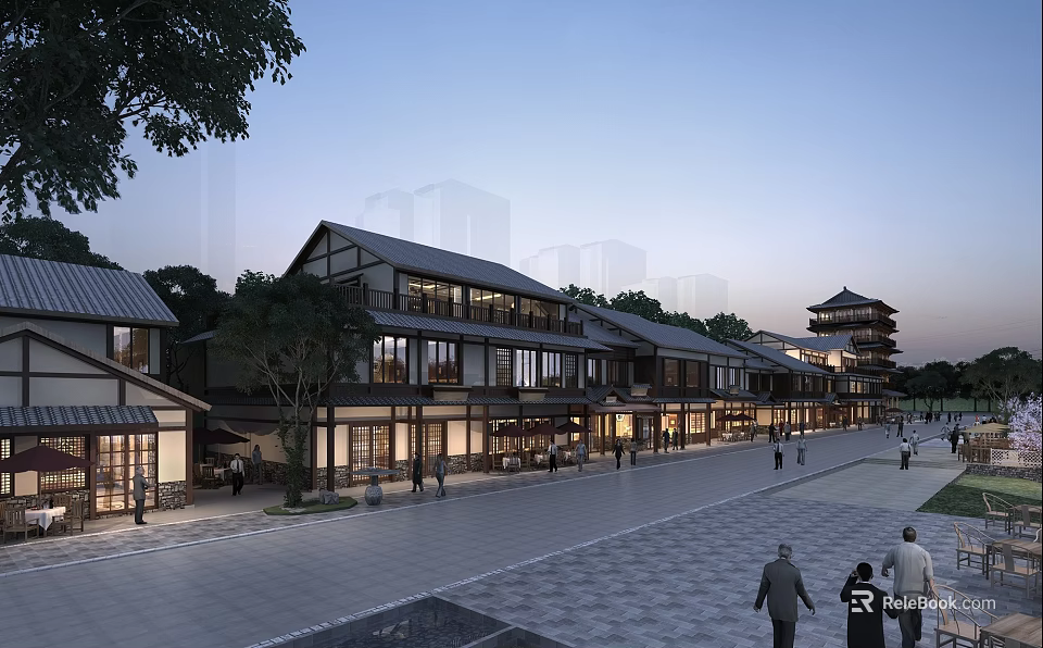 Scenic Traditional Commercial Street With Evening Lights Pedestrians And Ancient Tower Architecture 3d model 