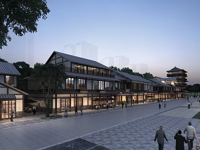 Scenic Traditional Commercial Street With Evening Lights Pedestrians And Ancient Tower Architecture 3d model