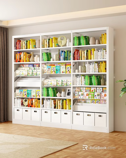 White Storage Shelving Unit with Organized Books Jars Boxes and Decorative Items 3d model 