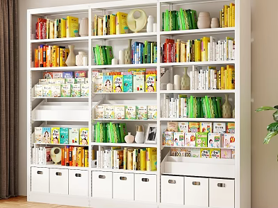 White Storage Shelving Unit with Organized Books Jars Boxes and Decorative Items 3d model