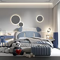Kids Room Interior with Panda Shaped Headboard Blue Gray Bed Blue Chair and Circular Lights
